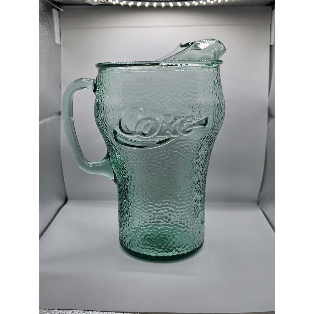 Coca-Cola Georgia Green Glass Pitcher Pebbled Texture Ice Lip Coke Logo 64oz VTG
